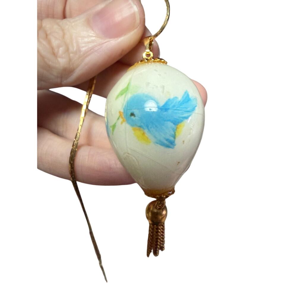 Vintage Victorian Revival Bluebird Faux Porcelain Egg Pendant 28” 80s
